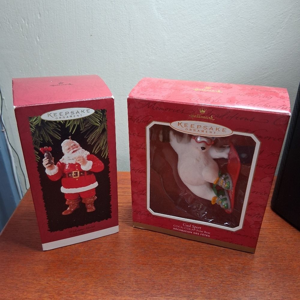 Hallmark Keepsake Set Of 2 Coca Cola Ornaments 1996 Santa And 2001 Polar Bear